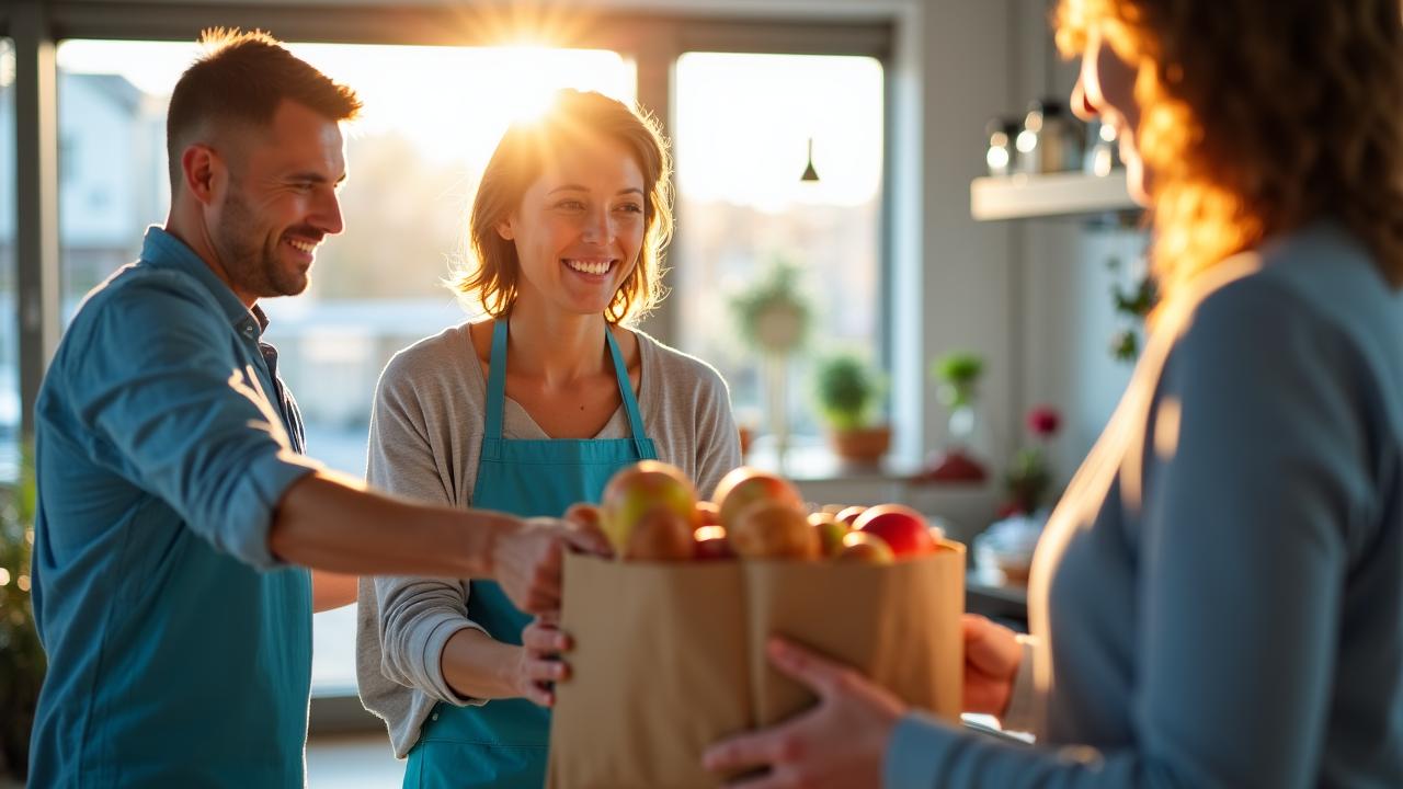 Freundliche Freiwillige geben Lebensmittel aus